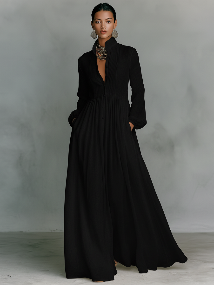 Lara - Vestido Maxi Minimalista con Cuello Alto y Mangas Largas