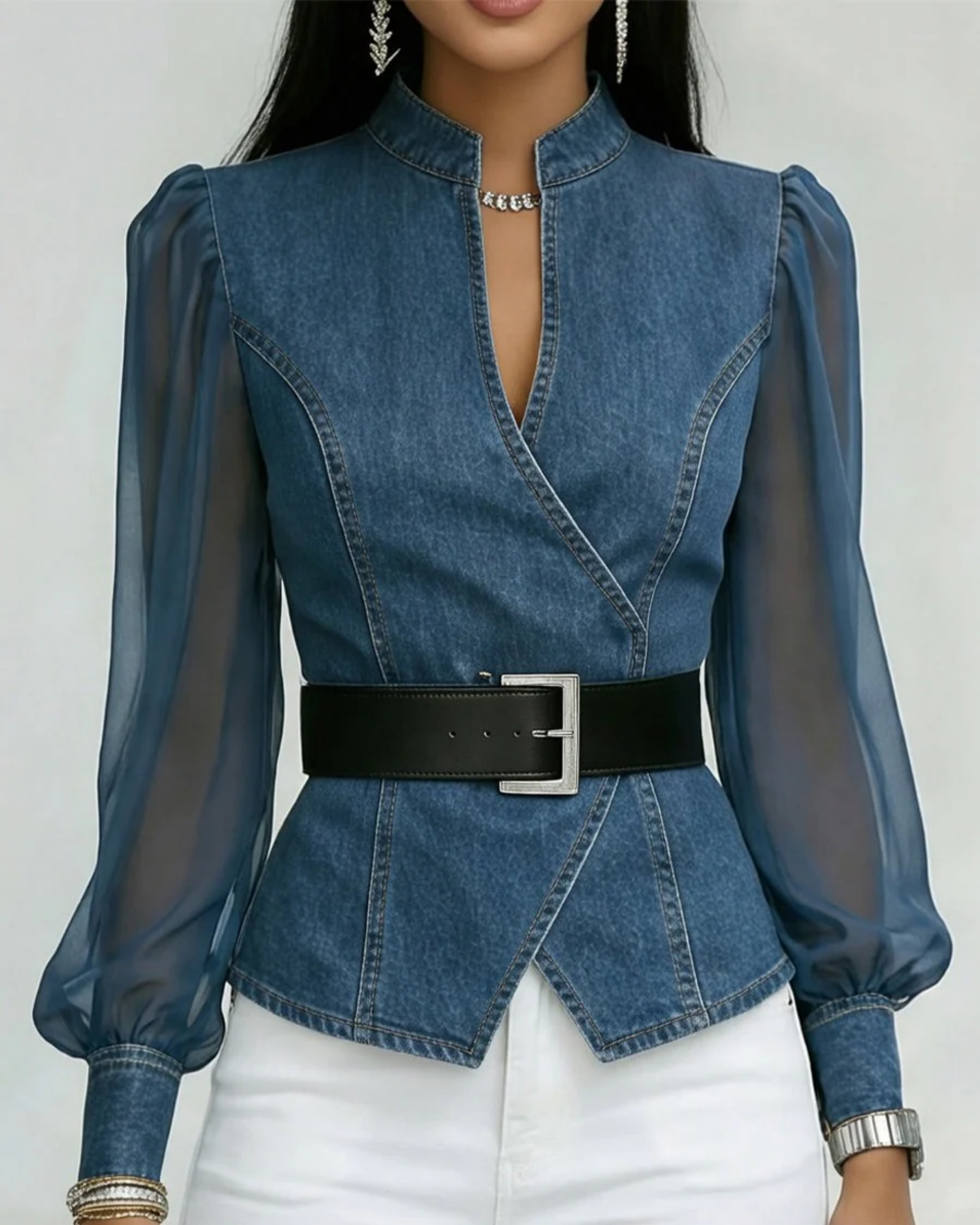 Alma - Top de Denim con Mangas de Gasa Ligera