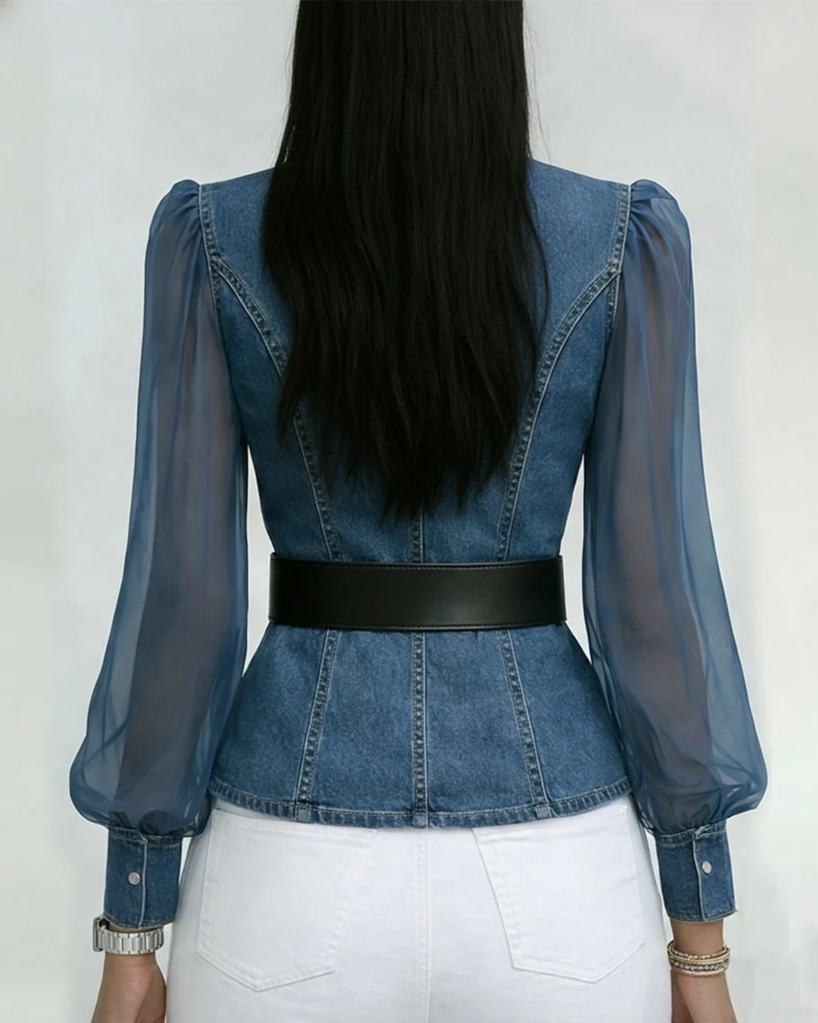 Alma - Top de Denim con Mangas de Gasa Ligera