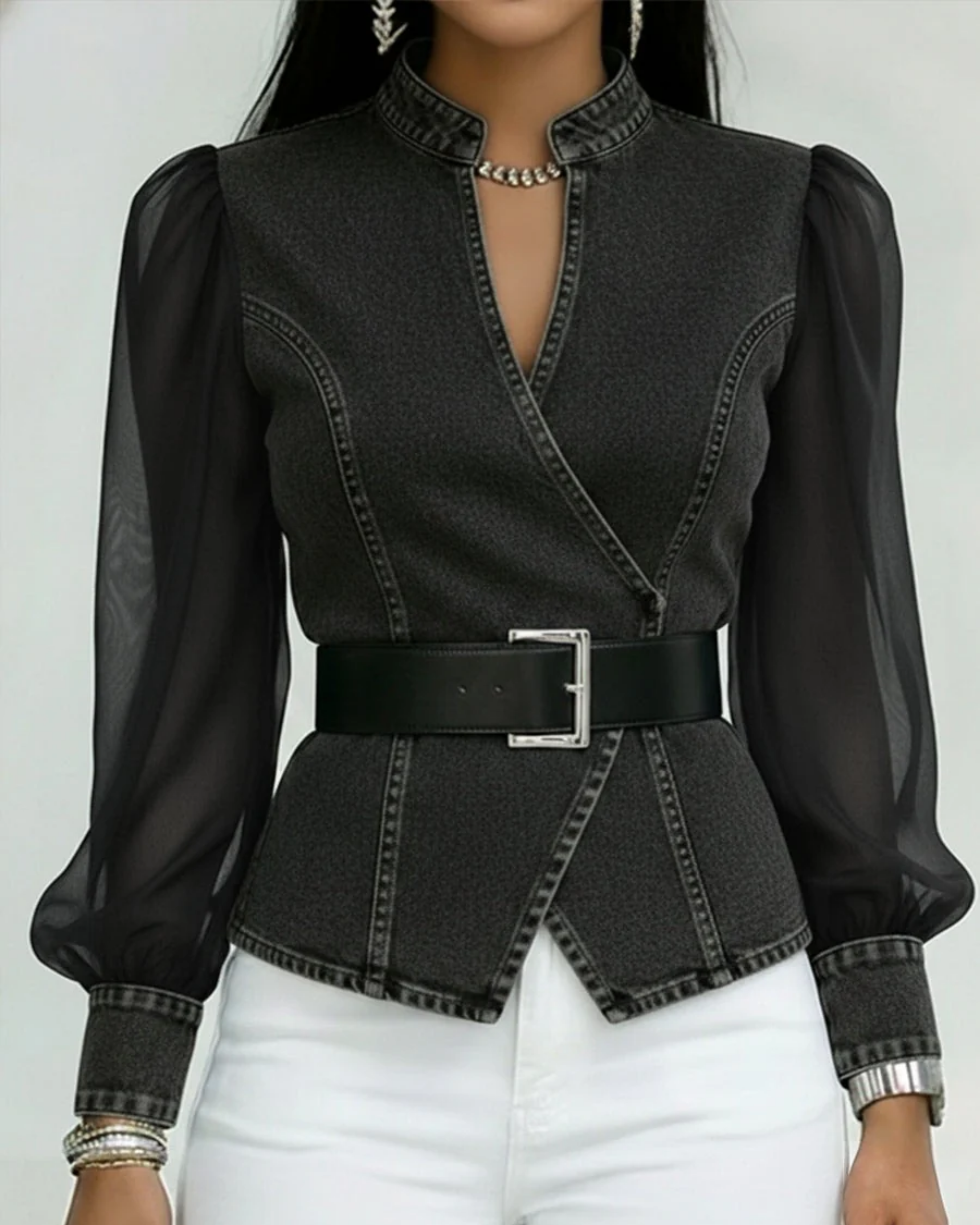 Alma - Top de Denim con Mangas de Gasa Ligera