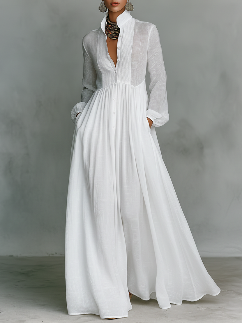 Lara - Vestido Maxi Minimalista con Cuello Alto y Mangas Largas