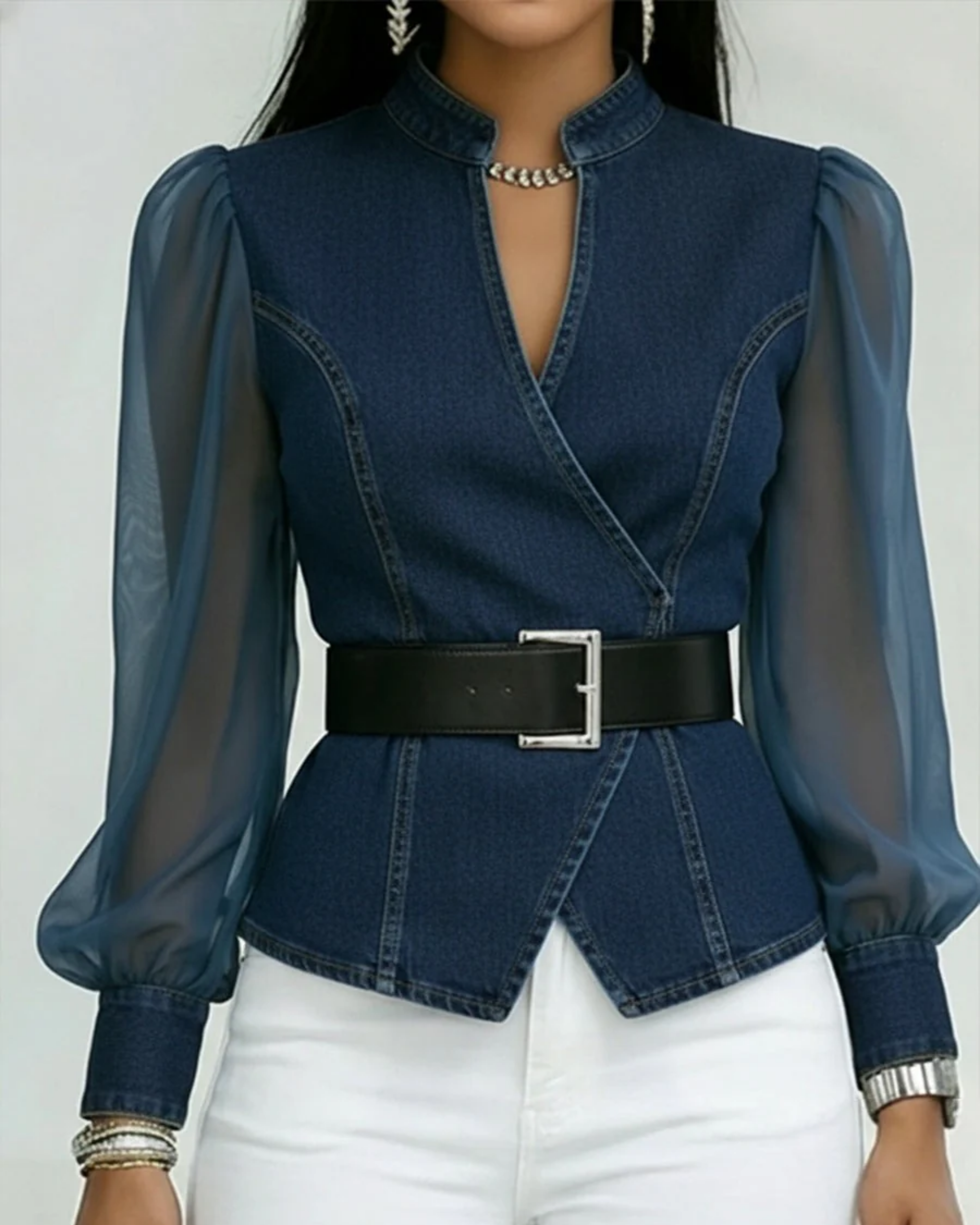 Alma - Top de Denim con Mangas de Gasa Ligera