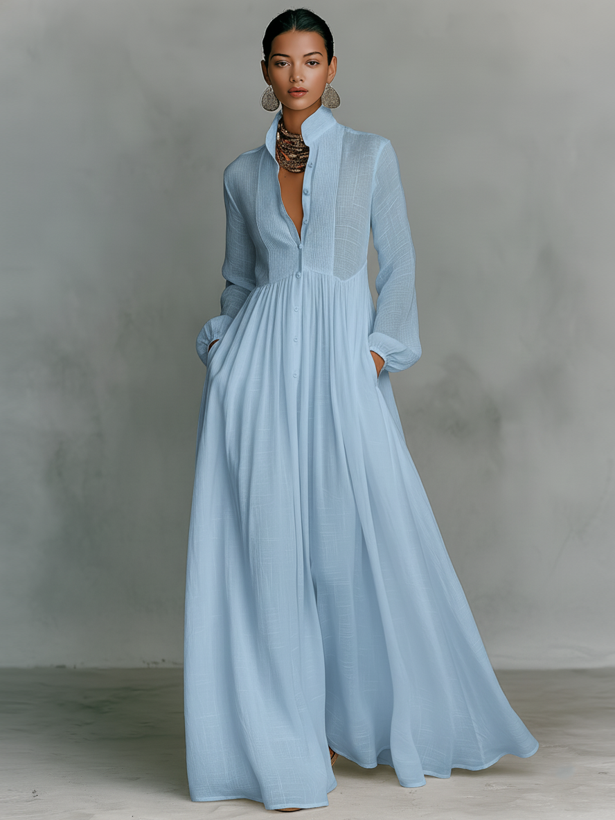 Lara - Vestido Maxi Minimalista con Cuello Alto y Mangas Largas