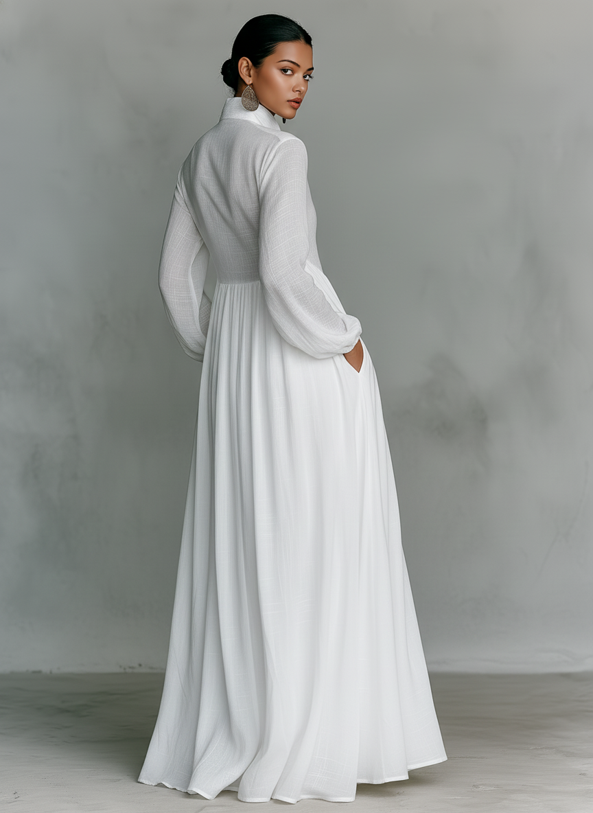Lara - Vestido Maxi Minimalista con Cuello Alto y Mangas Largas