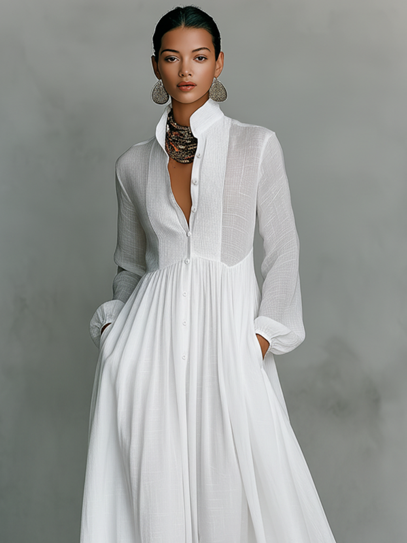 Lara - Vestido Maxi Minimalista con Cuello Alto y Mangas Largas