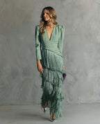 Rosa - Vestido Midi Elegante con Mangas de Flecos