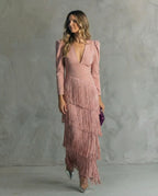 Rosa - Vestido Midi Elegante con Mangas de Flecos