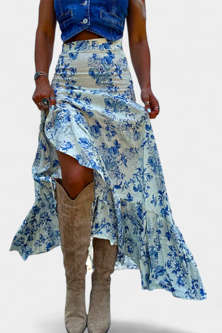 Flor - Falda Maxi Floral con Abertura y Volantes