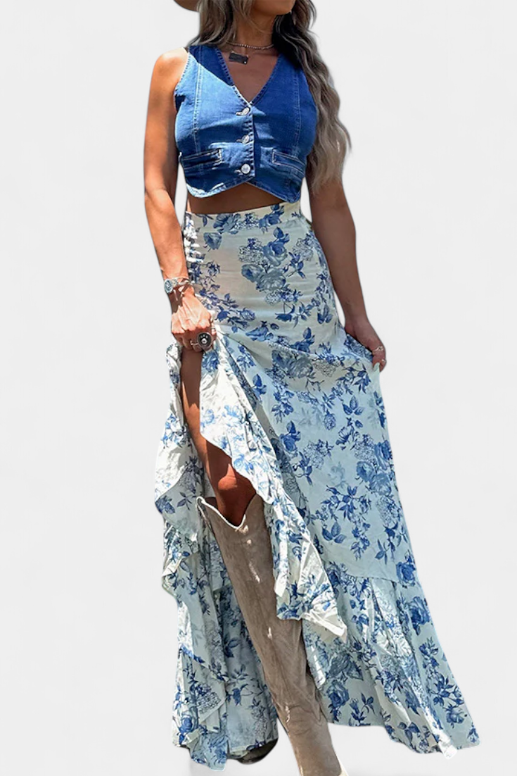 Flor - Falda Maxi Floral con Abertura y Volantes