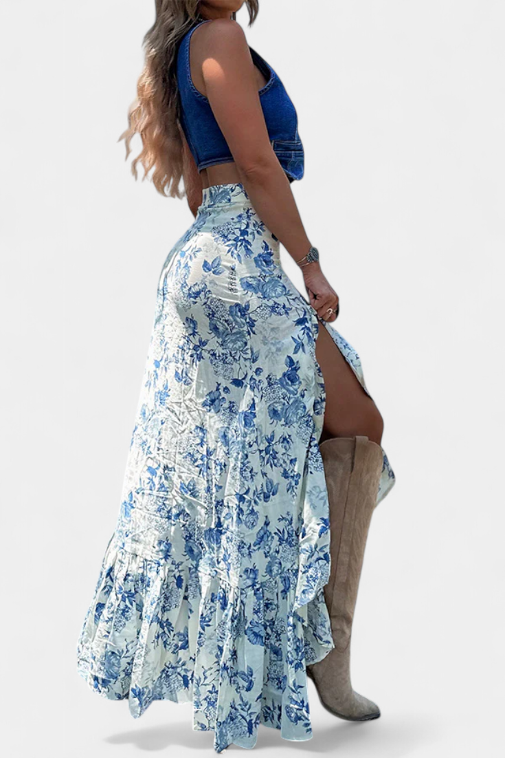 Flor - Falda Maxi Floral con Abertura y Volantes